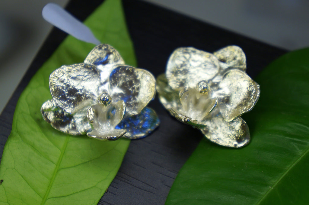 Mother Nature Earrings – Real Orchid Statement Sterling Silver & Gold Plated Jewelry