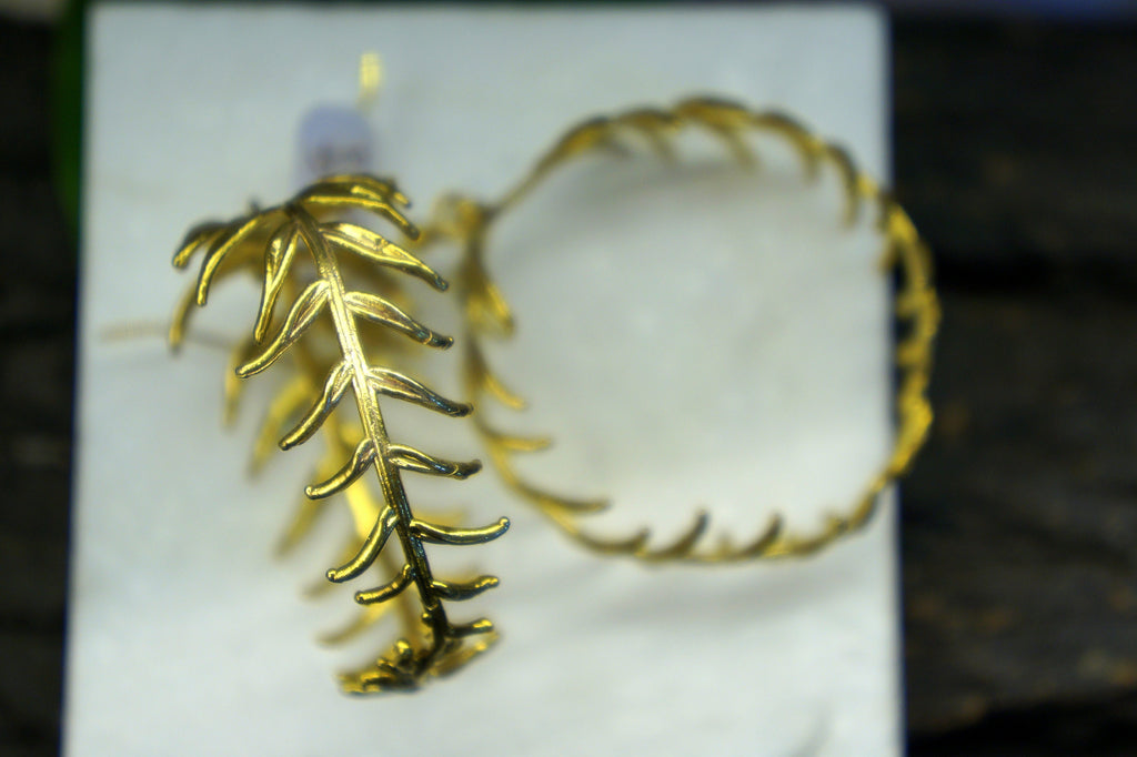 Araucaria Leaf Earrings: Big Silver and Gold Hoops (Handmade, Nature Detail)