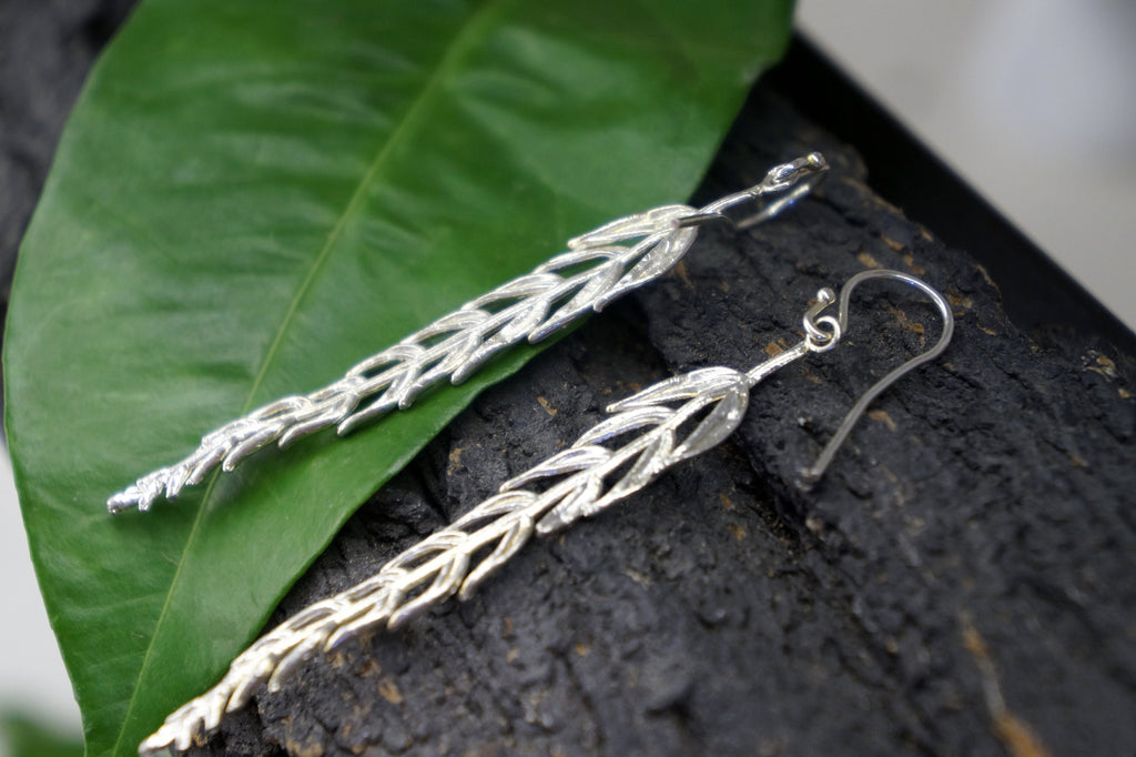 Araucaria Leaf Earrings – Sterling Silver Long Dangle Statement Jewelry
