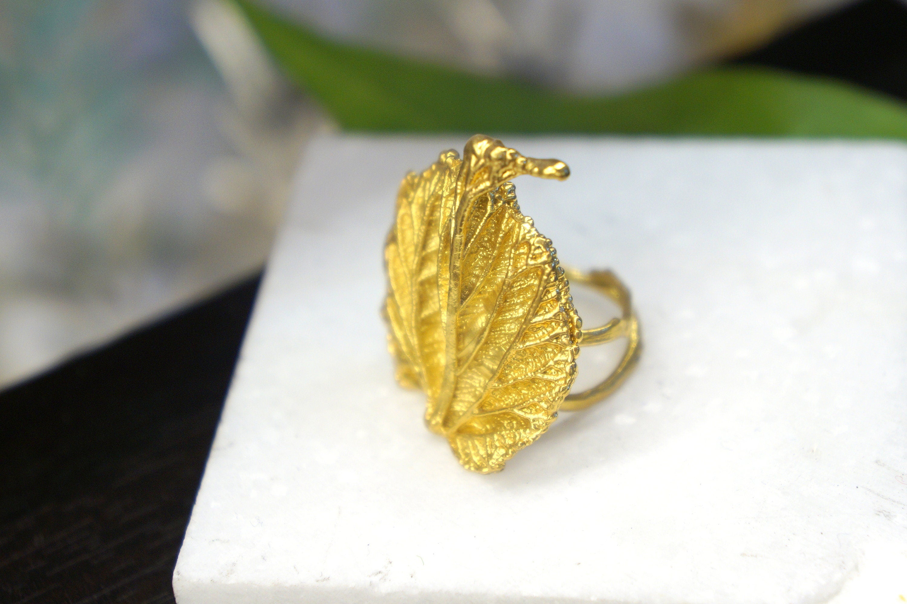 Leaf Statement Ring: Eco-Friendly Sterling Silver - Goldplated