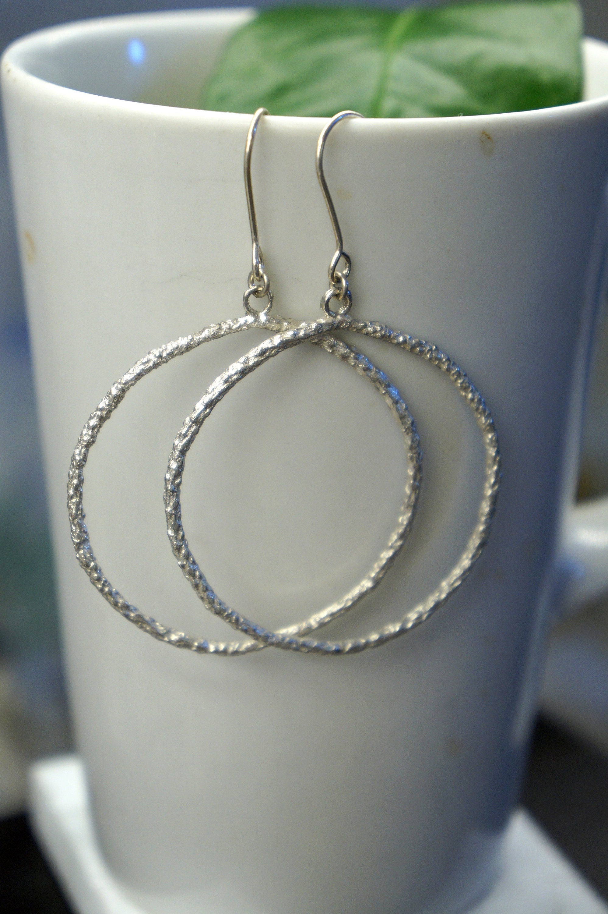 Boho Pine Leaf Hoop Earrings, Gold Plated Sterling Silver (Lightweight)