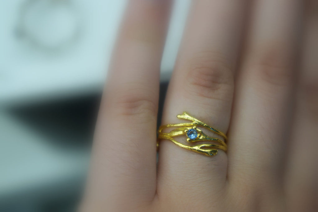 Sterling Silver Twig Ring – Jasmine Branch With Zircon Gemstone | Handmade Nature Jewelry