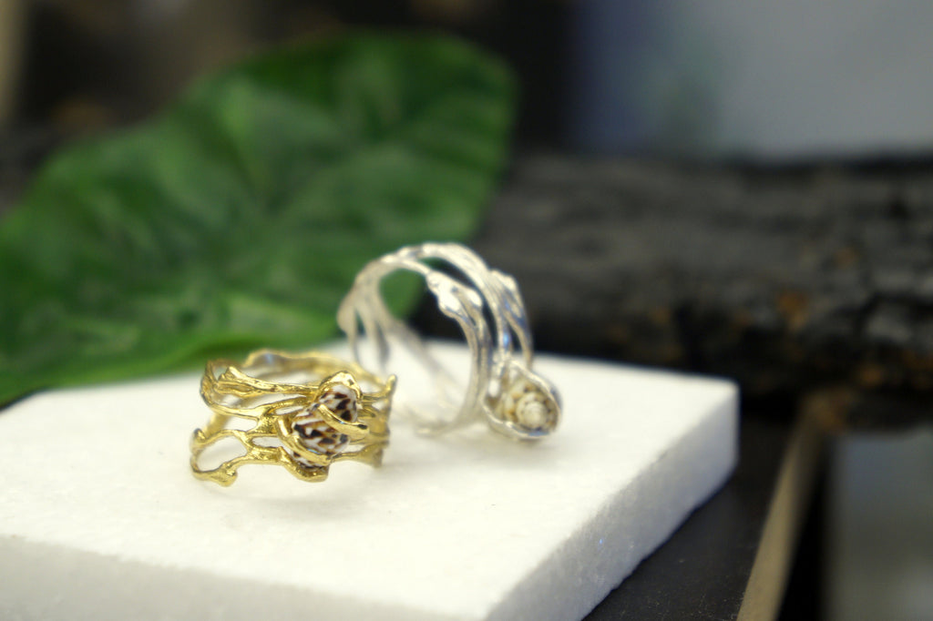 Sterling Silver Ring | Nature Inspired Jasmine Twig Sea Shell Ring with Gold Plated Finish