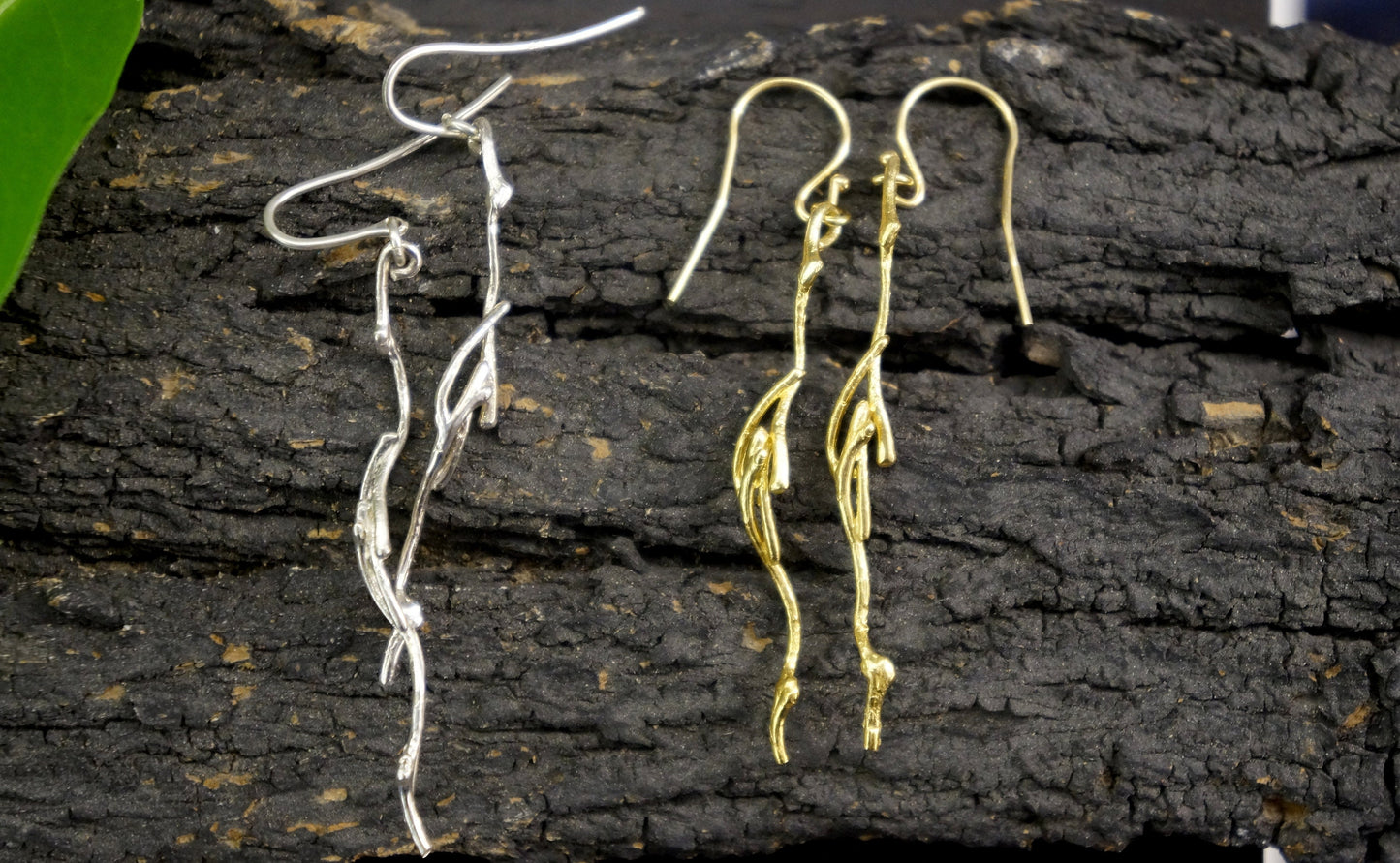 Real Jasmine Twig Earrings in sterling silver.