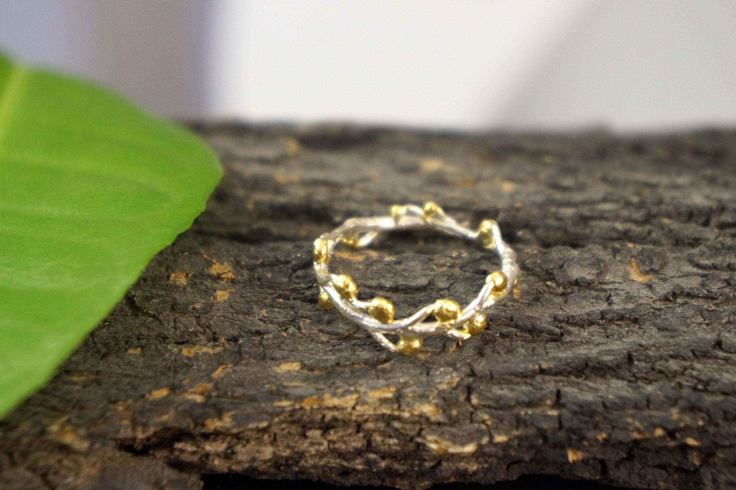 Sterling Silver Branch Ring – Mimosa Pudica Twig With Gold Plated Buds