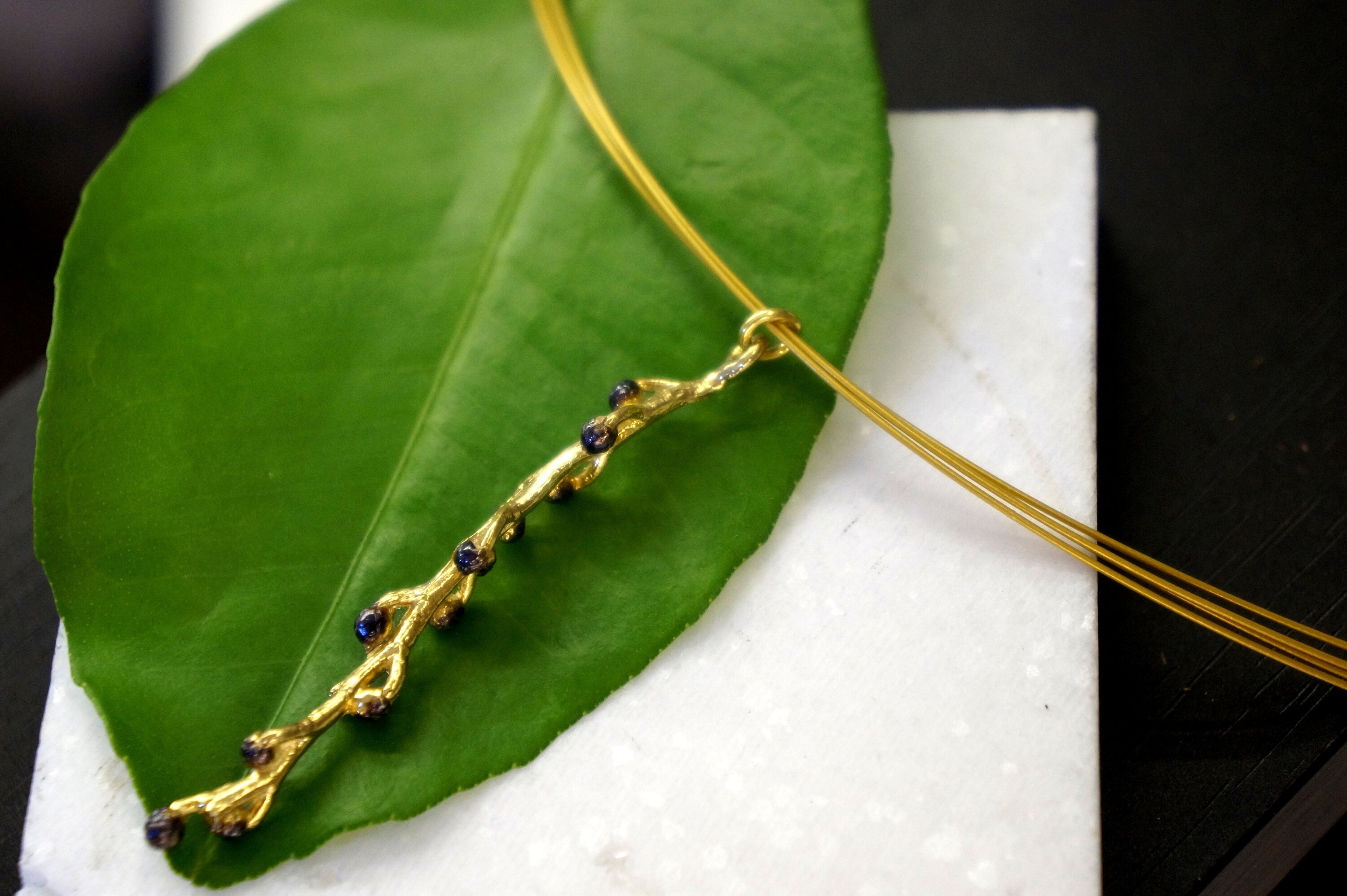 Acacia Branch Necklace - Gold Plated Multi Strand Jewelry With Black Rhodium Finish