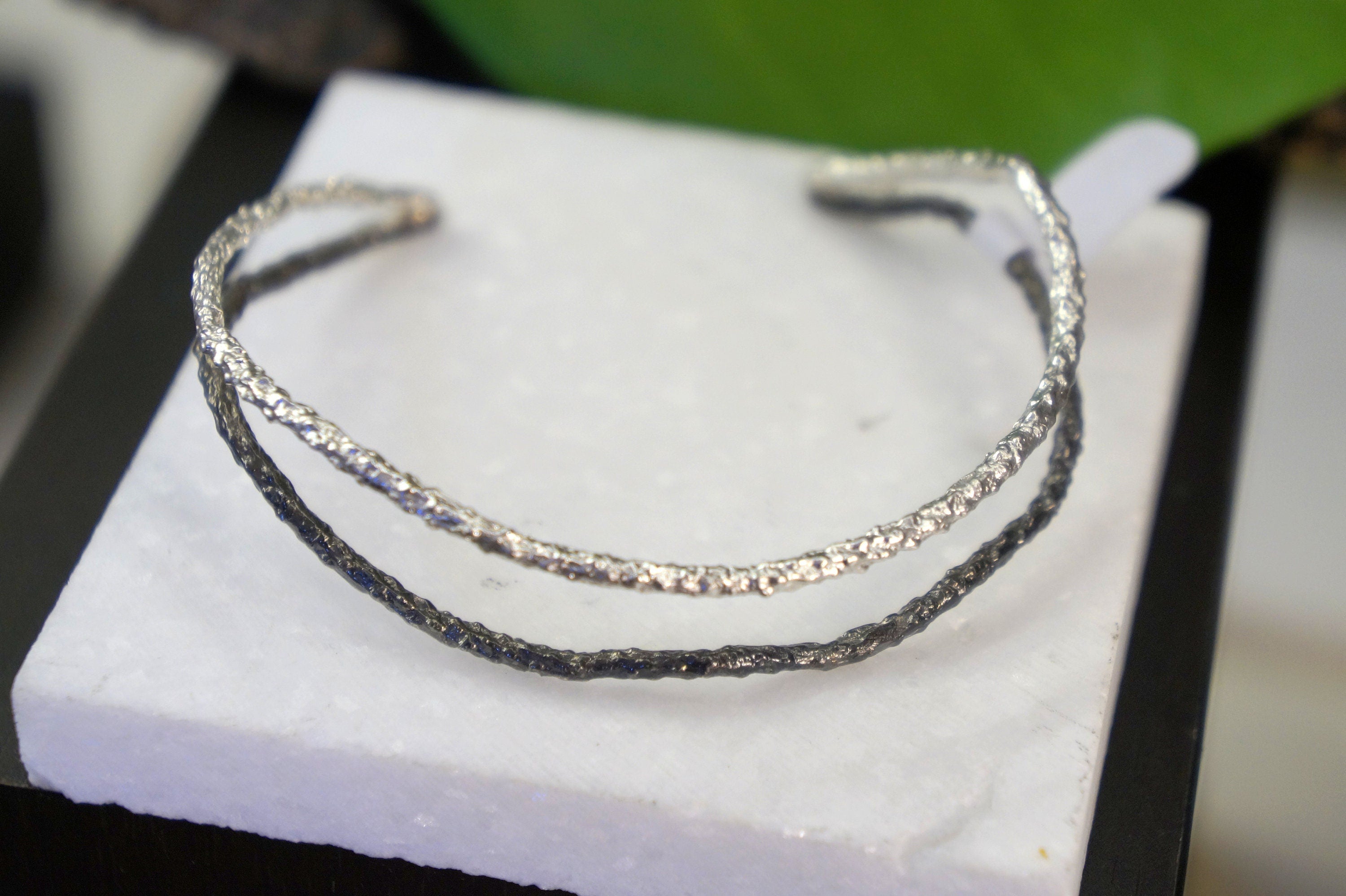 Two Tone Cuff Bracelet – Adjustable Silver Pine Branch With Gold Plated & Black Rhodium Finish