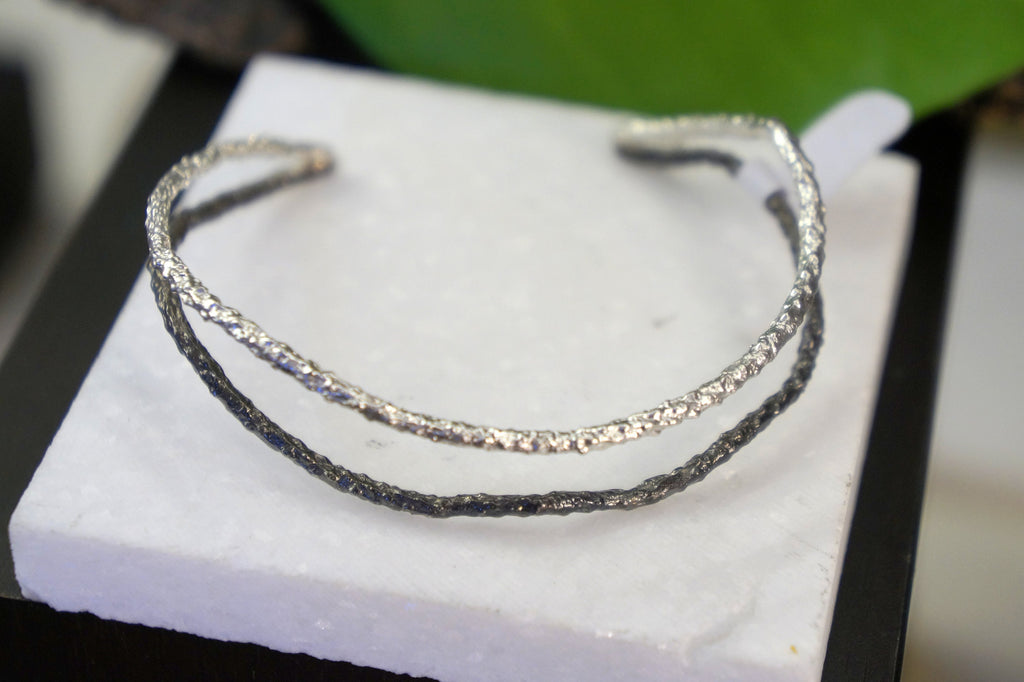 Sterling Silver Cuff Bracelet – Adjustable Pine Branch Design | Two Tone Nature Jewelry