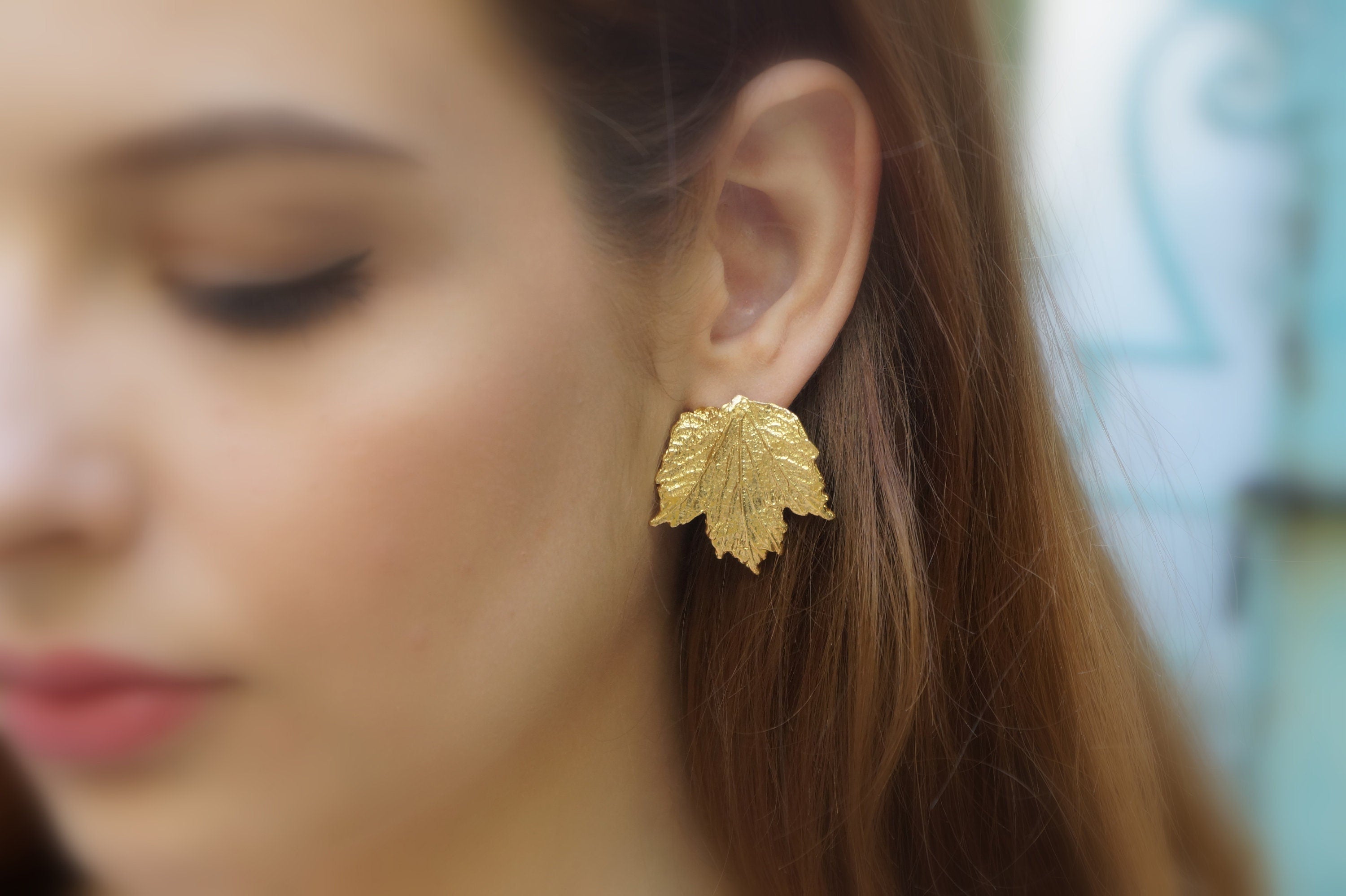 Nature-Inspired Leaf Earrings, Bourbon Rose (Sterling Silver Studs)