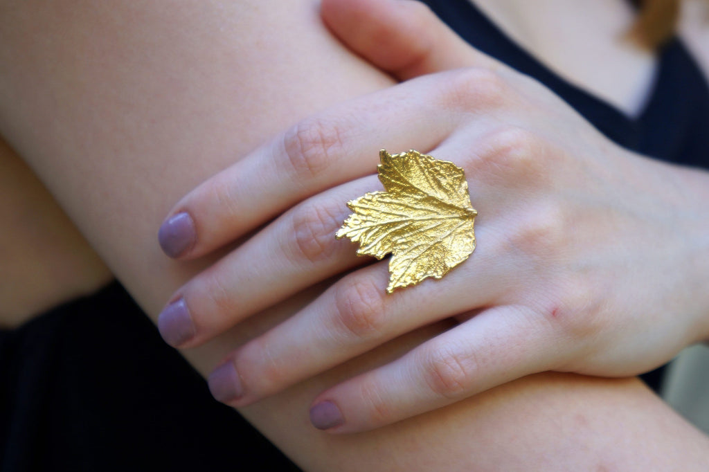 Bourbon Rose Leaf Ring, Adjustable Gold-Plated Sterling Silver, Nature-Inspired Jewelry for Women
