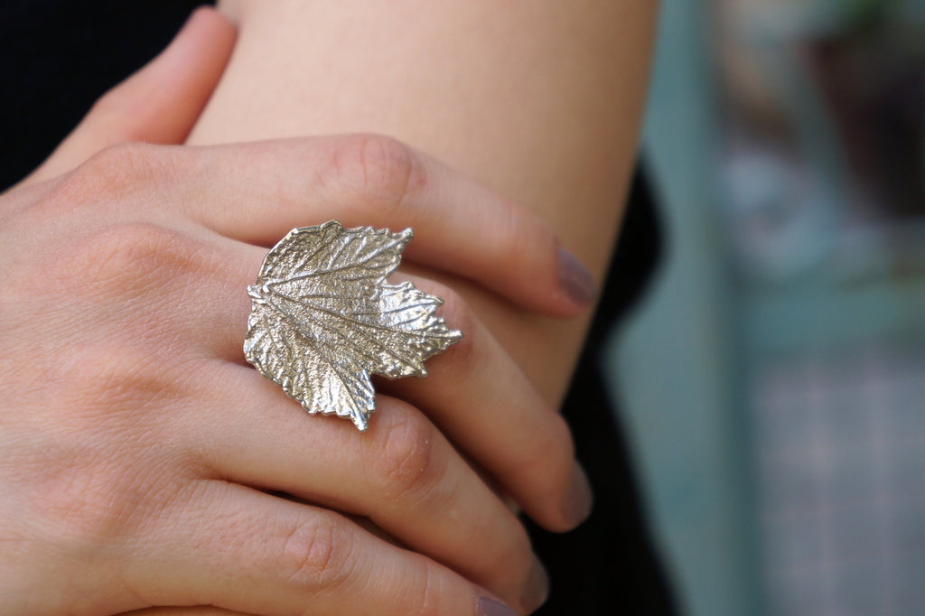 Bourbon Rose Leaf Ring – Handmade Sterling Silver Adjustable Big Leaf Ring