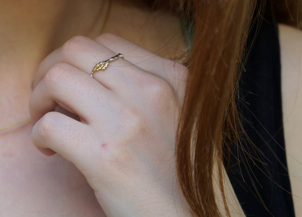 Nature Inspired Ring – Low Profile Branch Ring with Jasmine Twig & Silver Leaf Detail