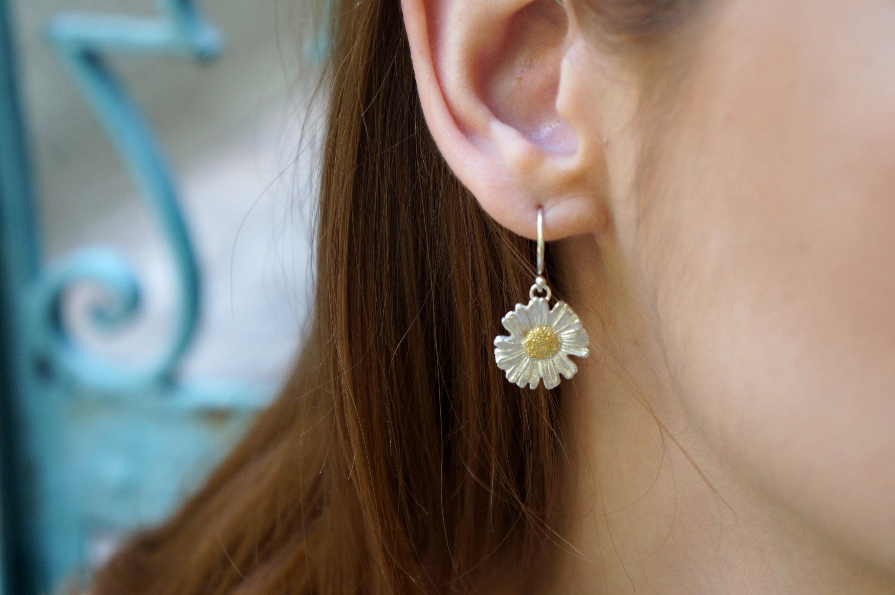 Real Daisy Flower Earrings – Two Tone Sterling Silver Stud & Dangle Jewelry