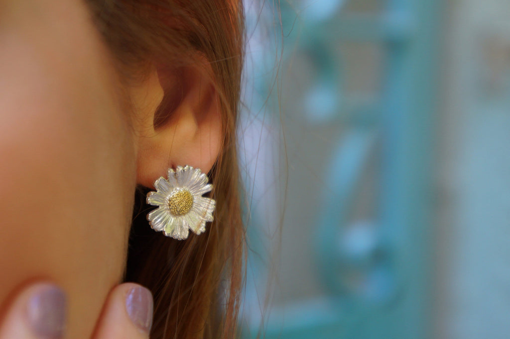 Real Daisy Flower Earrings – Two Tone Sterling Silver Stud & Dangle Jewelry