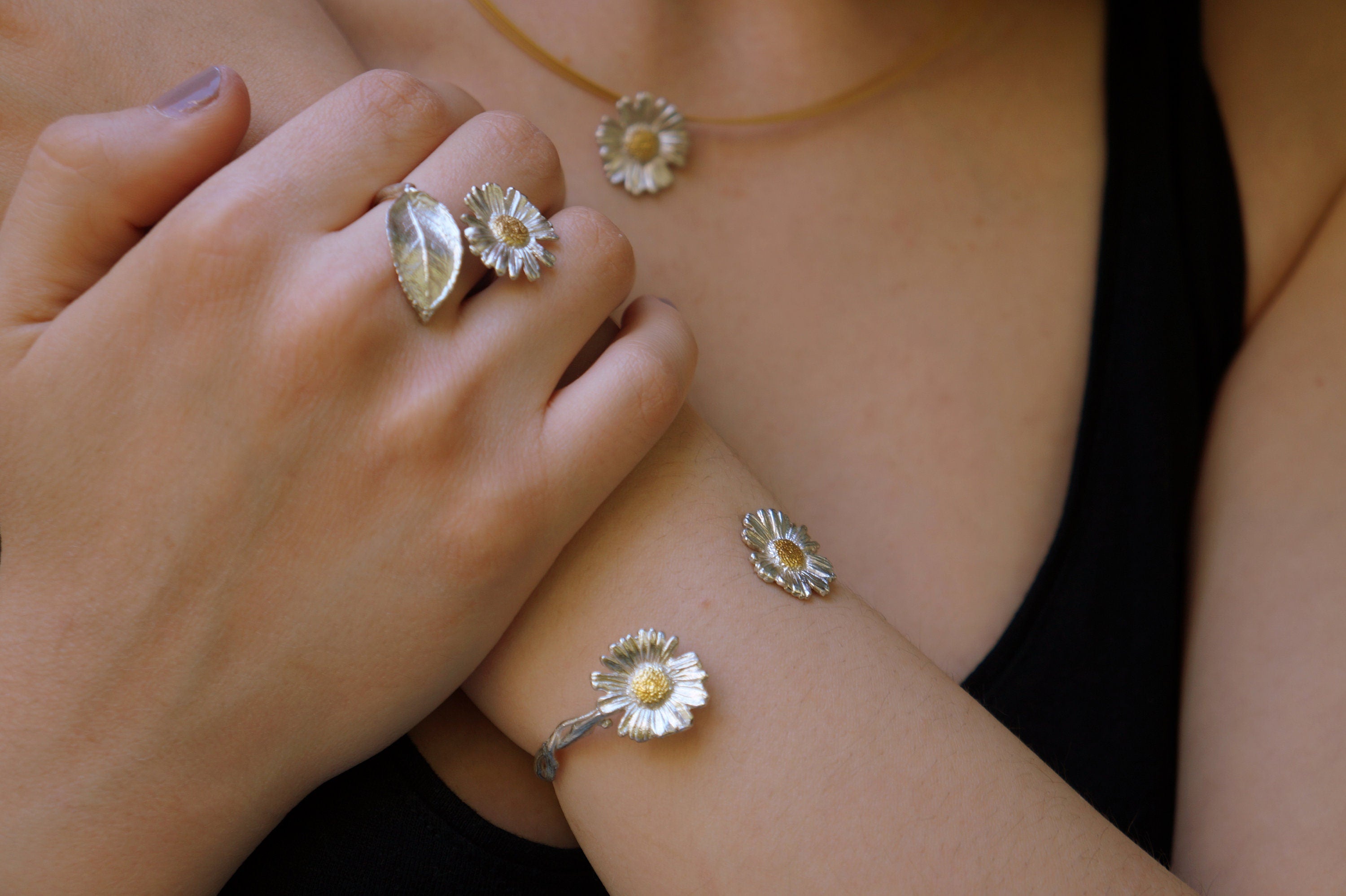 Sterling Silver Nature Ring - Real Pressed Rose Leaf and Chamomile Flower