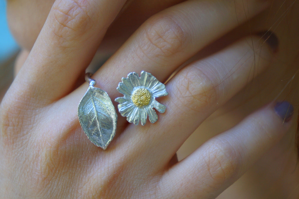 Sterling Silver Nature Ring - Real Pressed Rose Leaf and Chamomile Flower