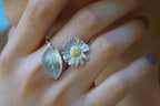 Sterling Silver Nature Ring - Real Pressed Rose Leaf and Chamomile Flower