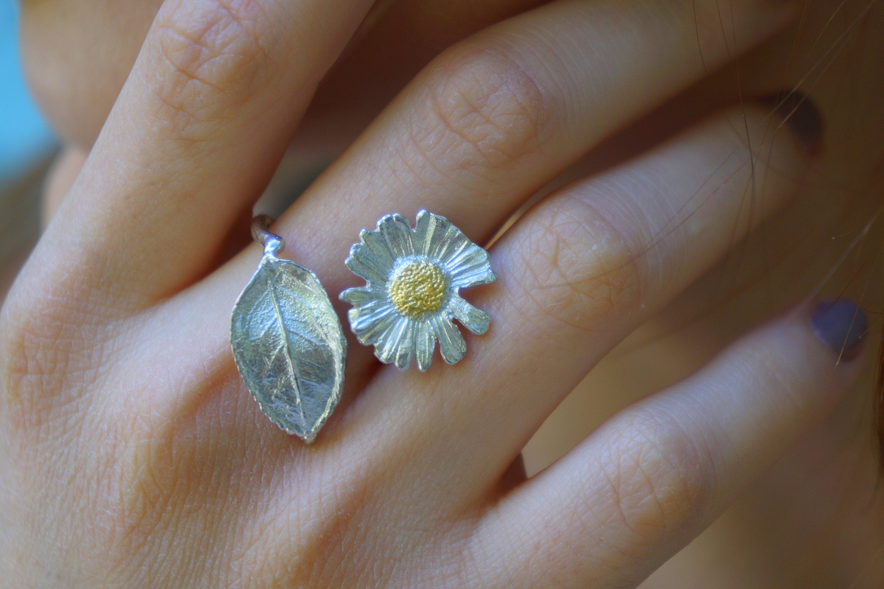 Sterling Silver Nature Ring - Real Pressed Rose Leaf and Chamomile Flower