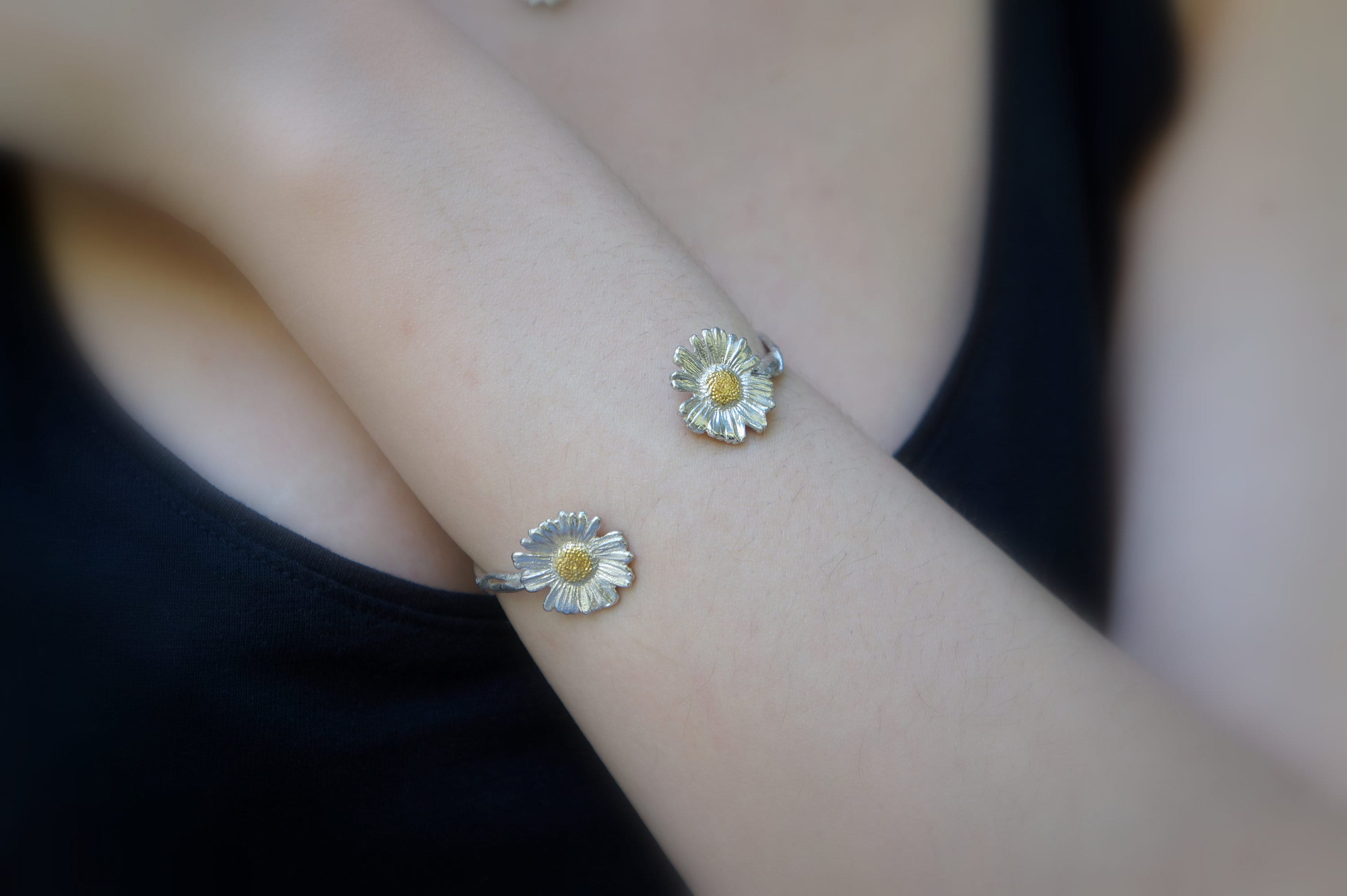 Sterling Silver Bracelet - Adjustable Open Cuff With Real Chamomile Flower