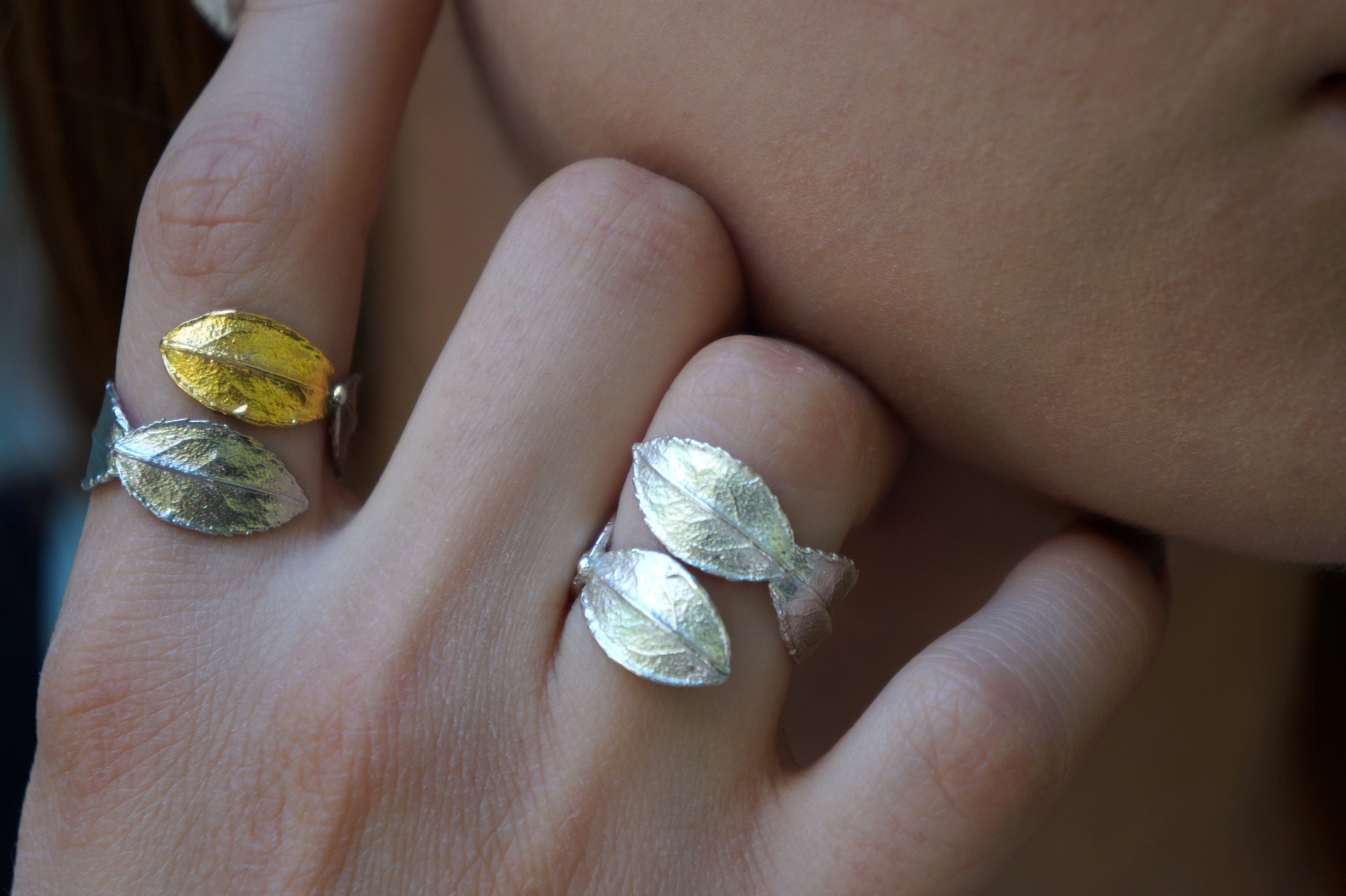 Botanical Silver Ring - Real Rose Leaf Texture, Adjustable