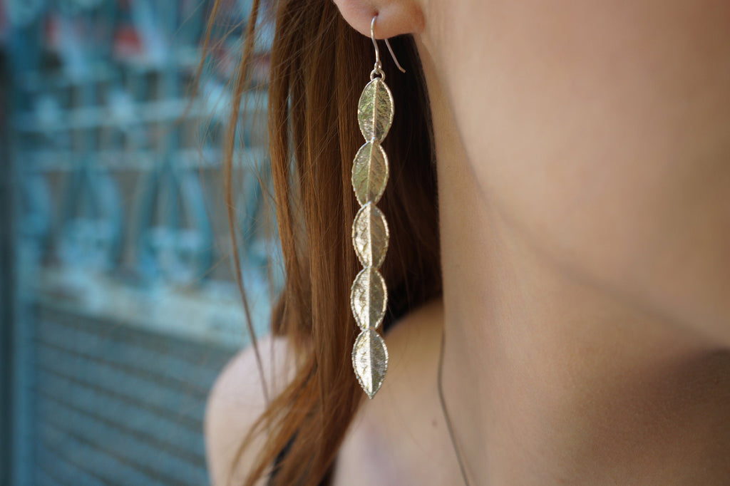 Real Rose Leaf Earrings: Long Dangle, 14k Gold on Sterling Silver