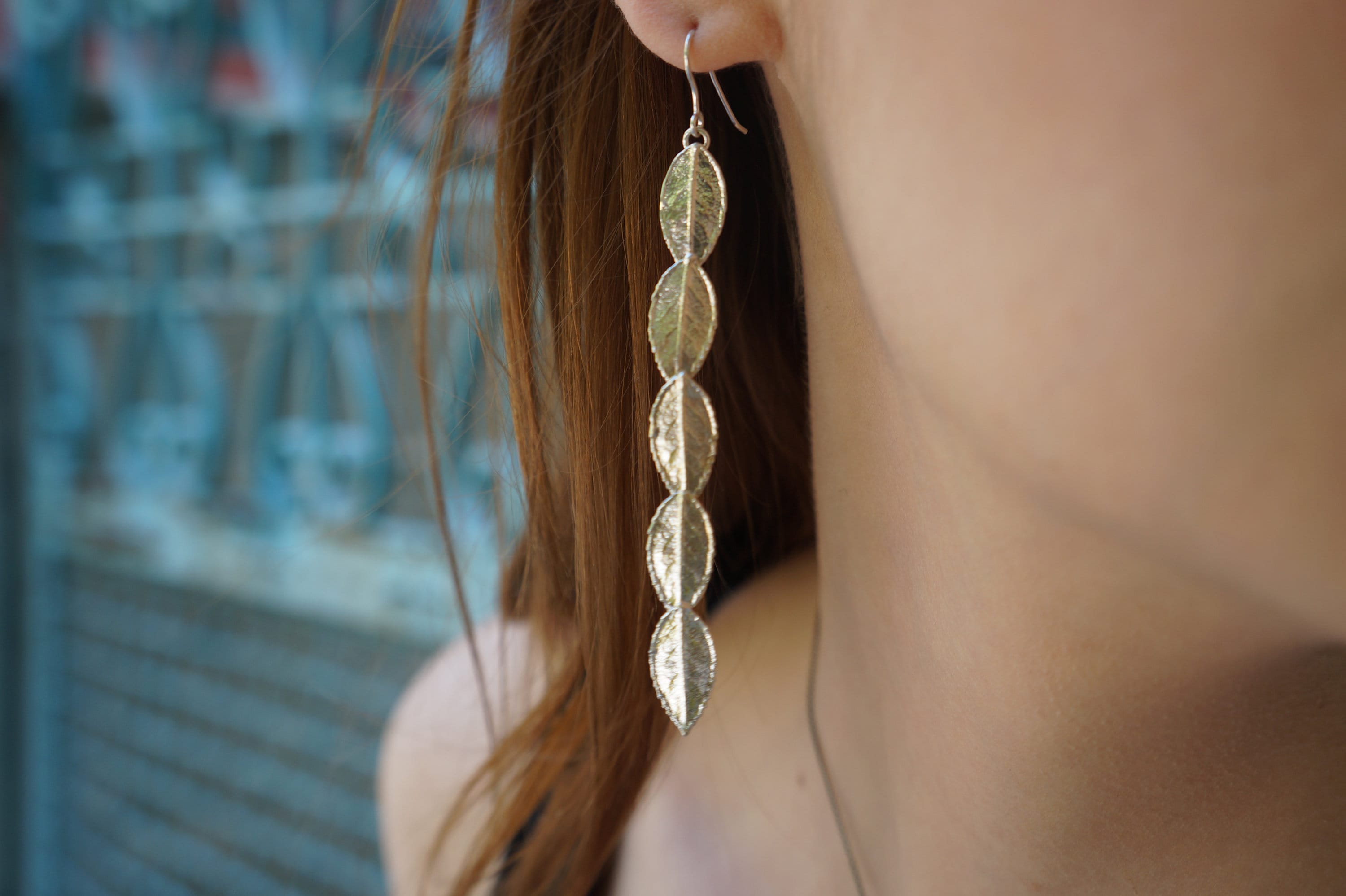 Long Rose Leaf Earrings: Sterling Silver - Handmade Nature Design