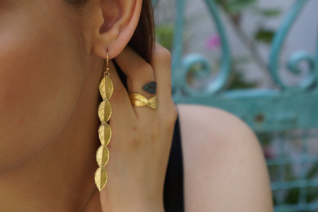 Real Rose Leaf Earrings: Long Dangle, 14k Gold on Sterling Silver