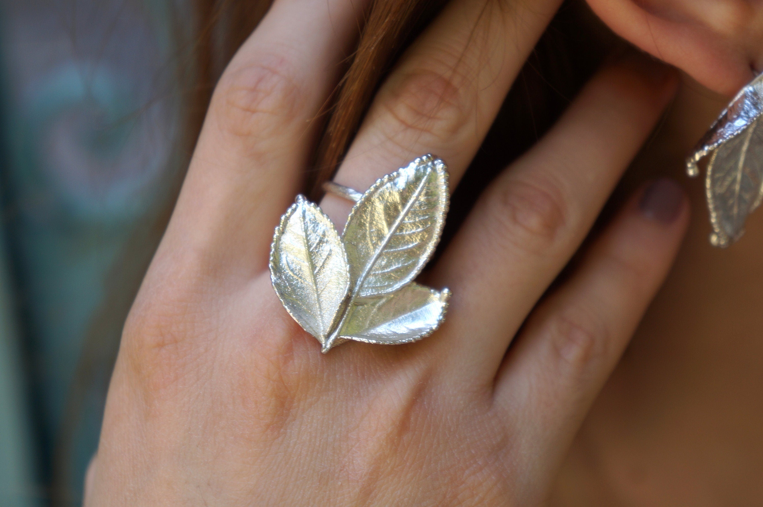 Adjustable Rose Leaf Ring: Gold Plated, Sterling Silver - Nature Design