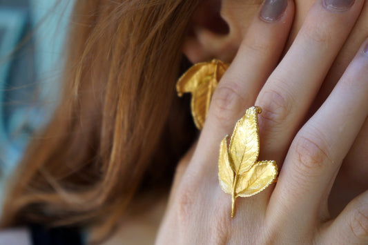 Nature ring 3 Real Big Rose Leaves, Gold Ring on sterling silver, forget me not ring for women by MOTHER NATURE JEWELSBy Mother Nature