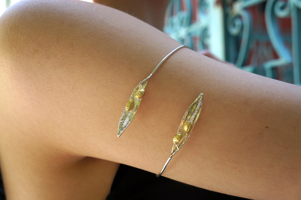 Sterling Silver Arm Cuff – Handmade Olive Branch Adjustable Bracelet With Gold Plated Accents