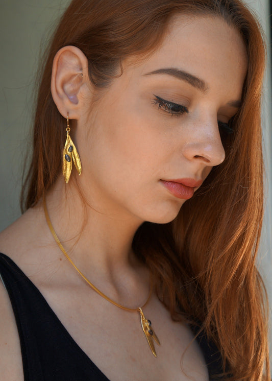 Olive leaf Earrings Gold on Sterling Silver with two Black Rhodium Olive fruits. Nature Lover Earrings from Mother Nature jewelry