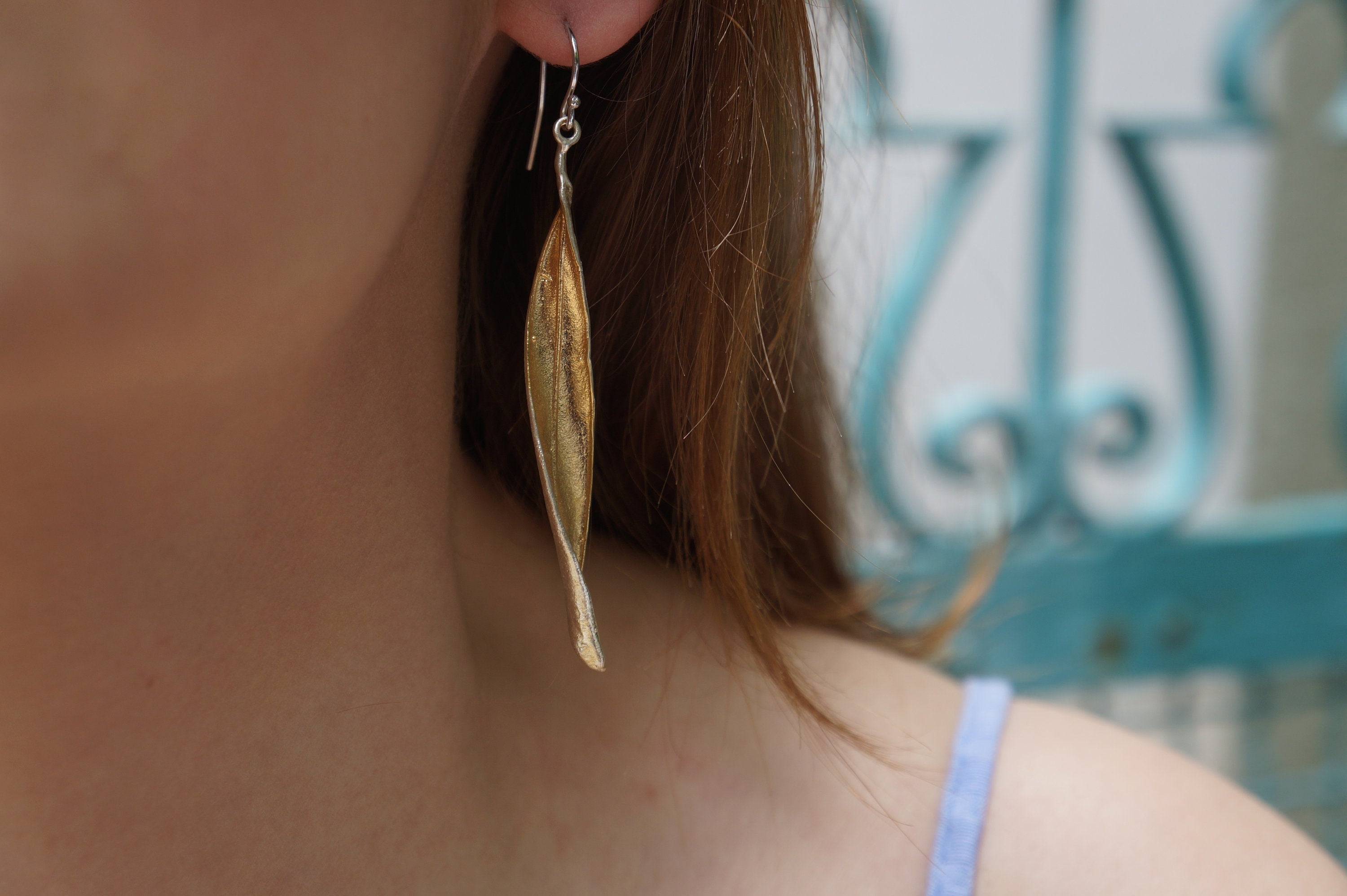 Real Olive Leaf Earrings - Long Dangle, Sterling Silver with Gold Tone
