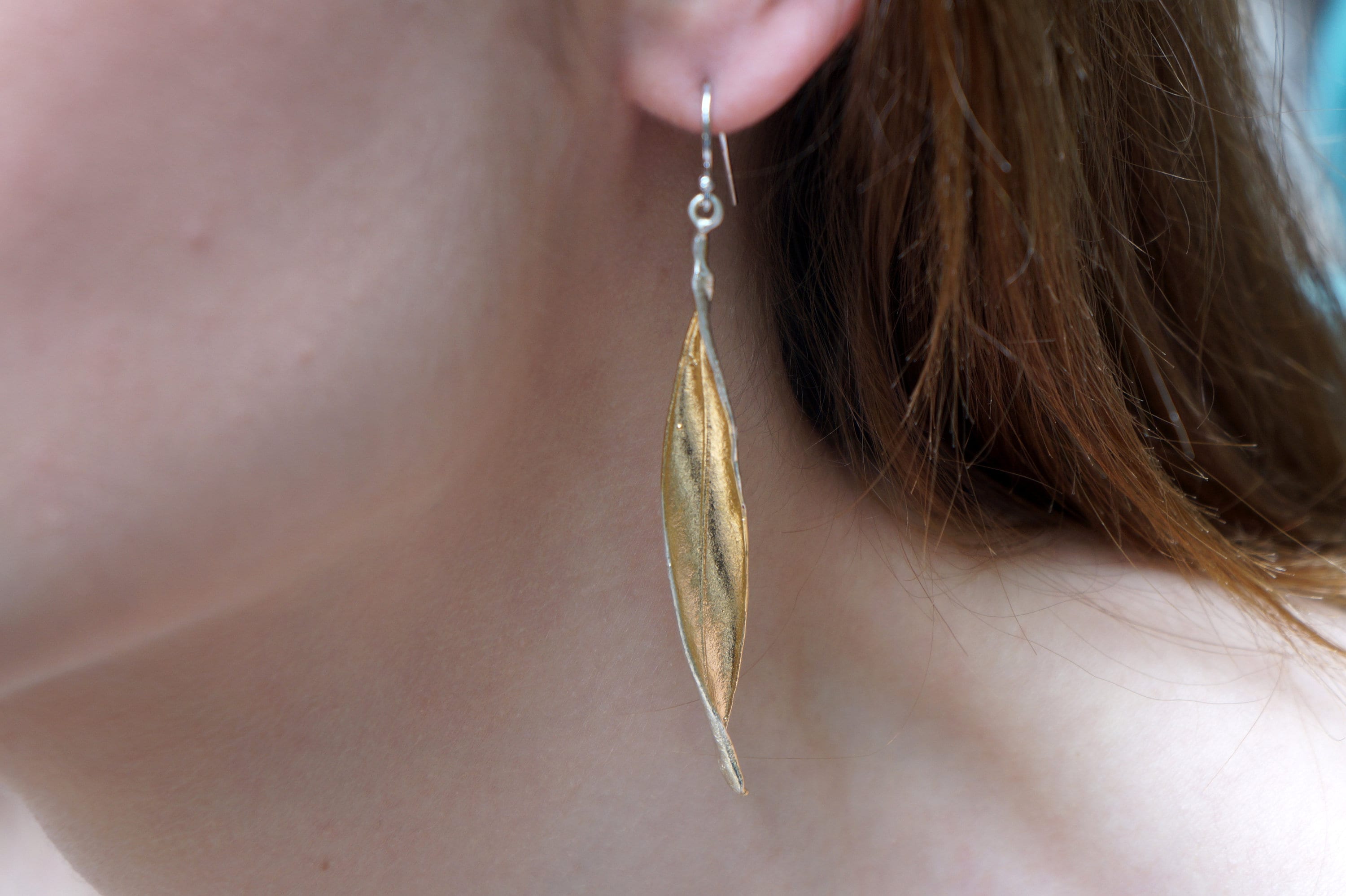 Real Olive Leaf Earrings - Long Dangle, Sterling Silver with Gold Tone