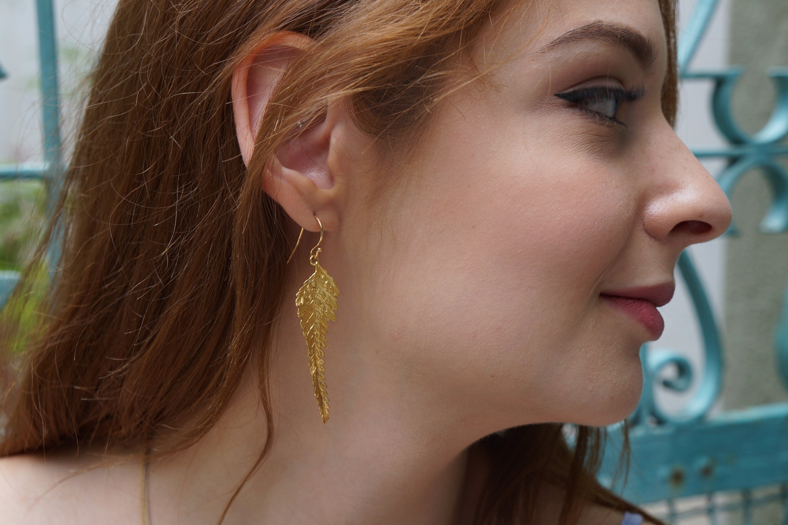 Fern Leaf Earrings: 14K Gold Plated Sterling Silver Drop