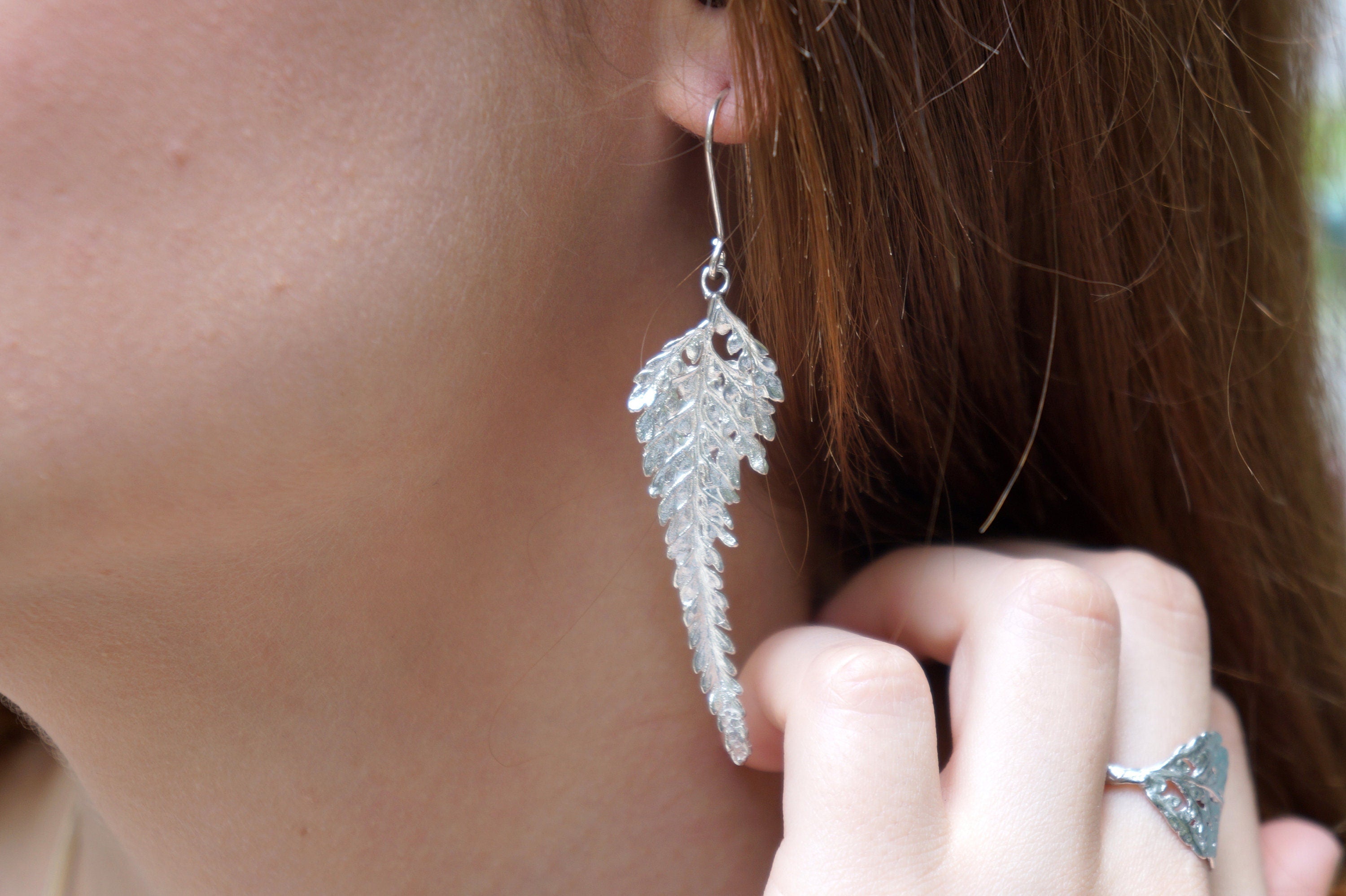 Fern Leaf Earrings in Long Sterling Silver, Nature-Inspired Boho Jewelry for Women