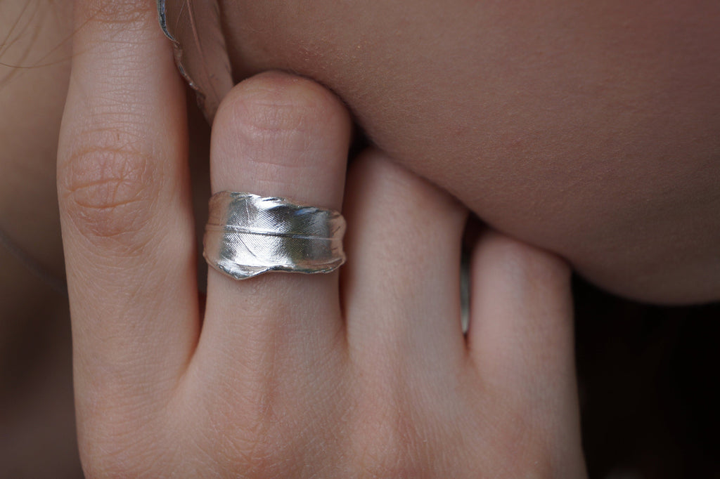 Silver Feather Ring, Sterling Silver Jewelry, Dove Feather Band, Gift for Her, Birthday Gift for Women, Handmade Jewelry