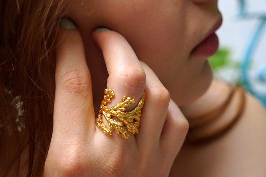Nature inspired ring Juniper.Wide band ring, 14 k Gold plated sterling silver ring, Cypress Leaf Ring, Natural Rings for Women  gift for her