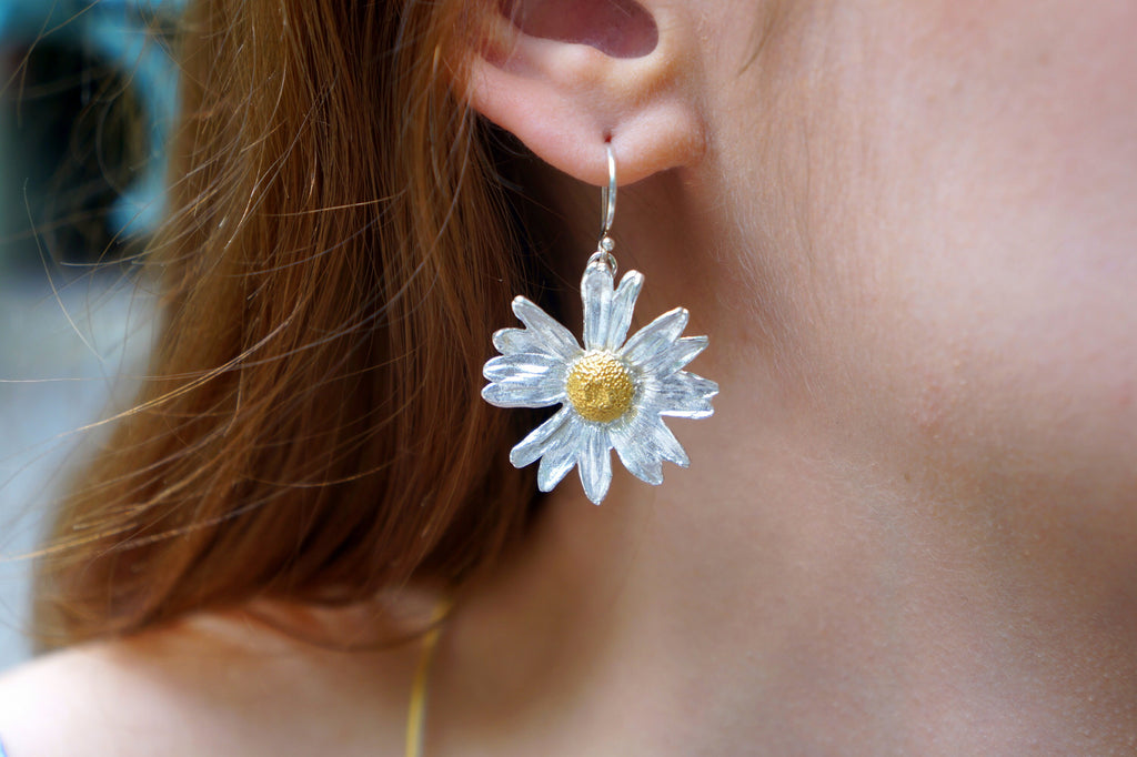 Sterling Silver Daisy Earrings – Real Flower Jewelry With Clip-On, Stud, Dangle Options