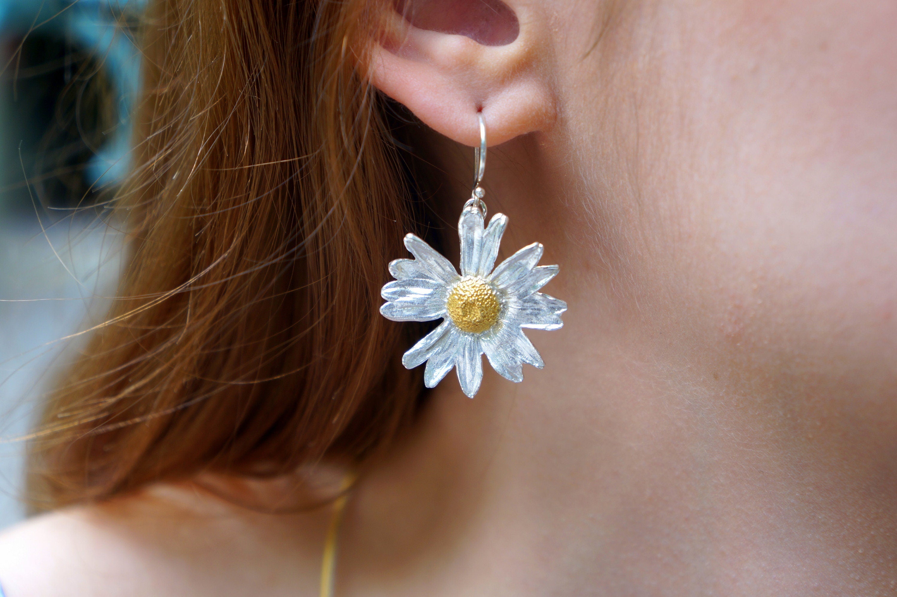 Daisy Flower Earrings, Gold-Plated Sterling Silver Jewelry, Handmade Jewelry, Gift for Her, Jewelry for Women