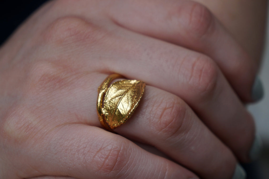 Rose Leaf Ring – Gold Plated Brass Twig Design | Nature Inspired Jewelry Gift
