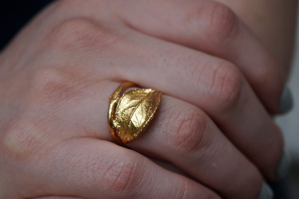 Gold Rose Ring, Gold-Plated Sterling Silver Jewelry, Rose Leaf Band, Gift for Her, Birthday Gift for Women, Handmade Jewelry
