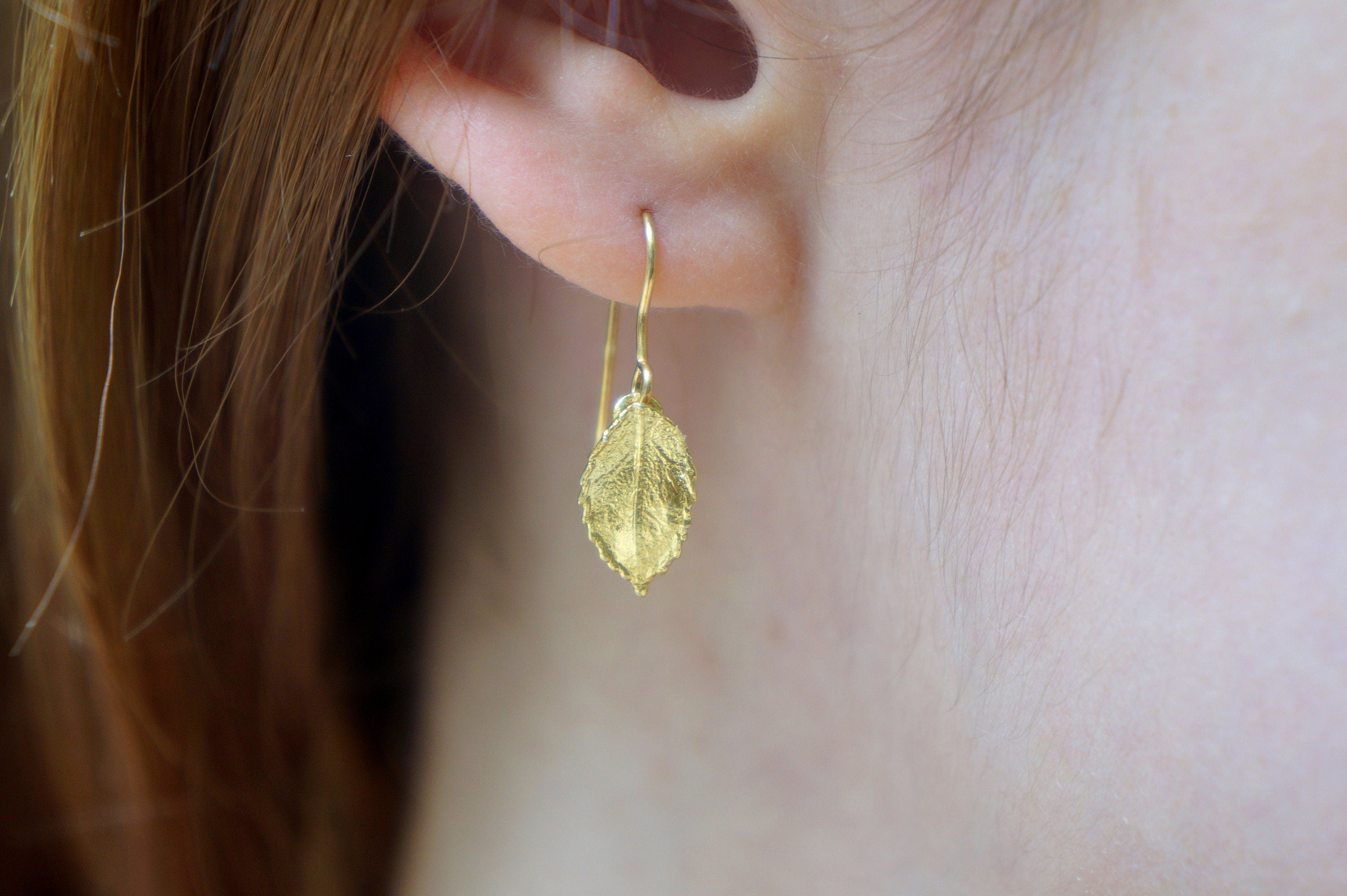 Gold Leaf Earrings: Sterling Silver Rose Leaves (Dainty Studs)