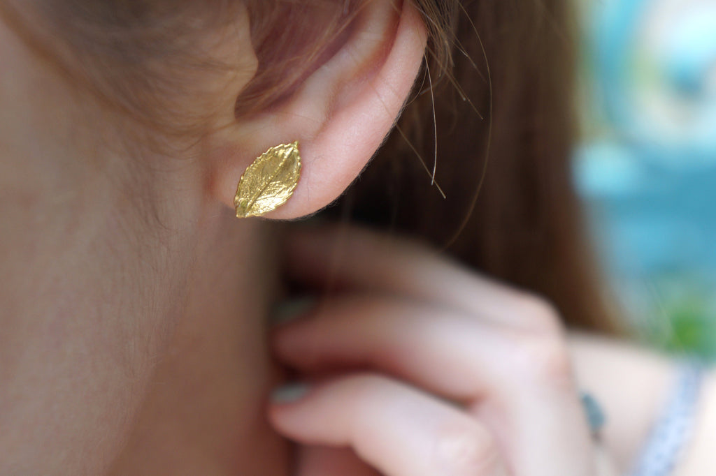 Gold Leaf Earrings: Sterling Silver Rose Leaves (Dainty Studs)