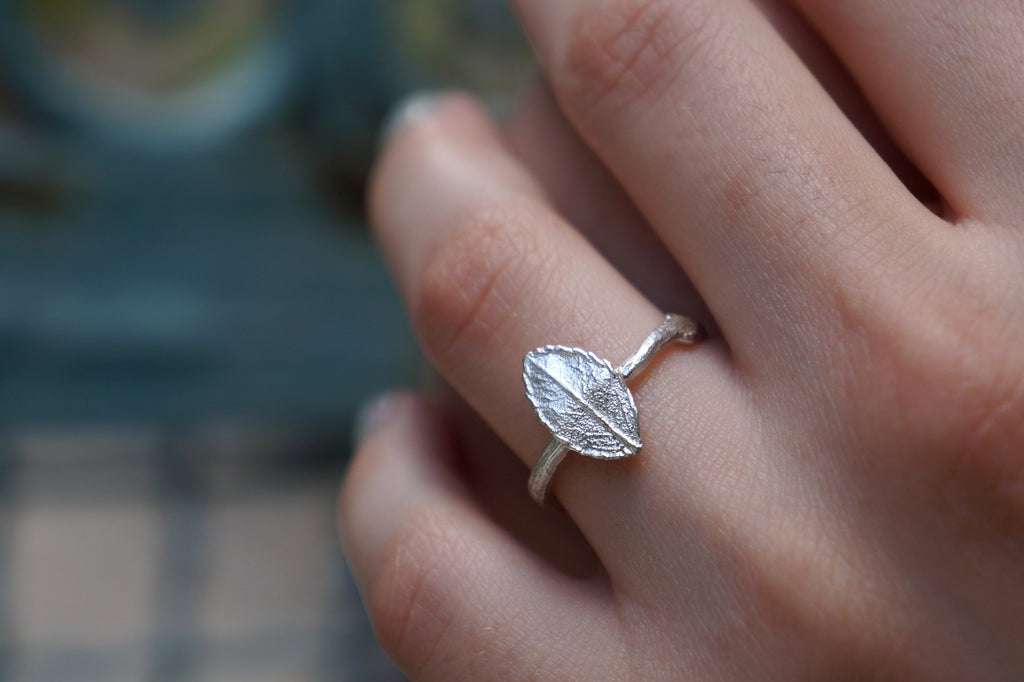 Minimalist Nature Ring, Sterling Silver, Rose Twig Leaf (Adjustable)