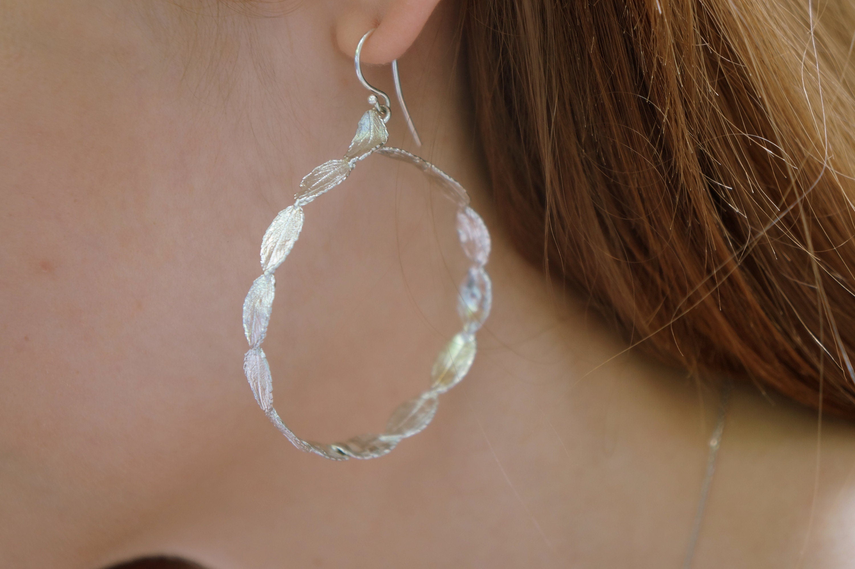 Sterling Silver Leaf Hoop Earrings - Large, Dangle Style