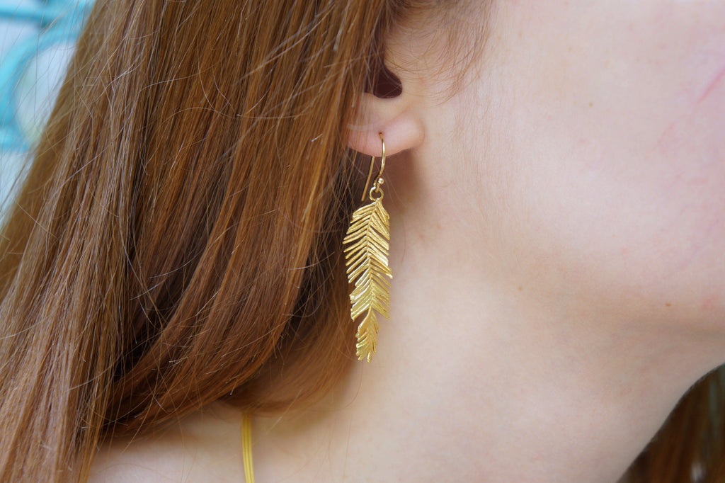 Mimosa Leaf Earrings: Handmade Nature Jewelry (Recycled Brass, 14k Gold)