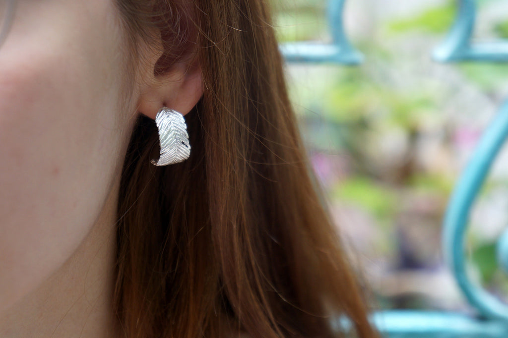 Mimosa Pudica Earrings – Sterling Silver Hoops With Leaf Texture | Handmade Eco Jewelry