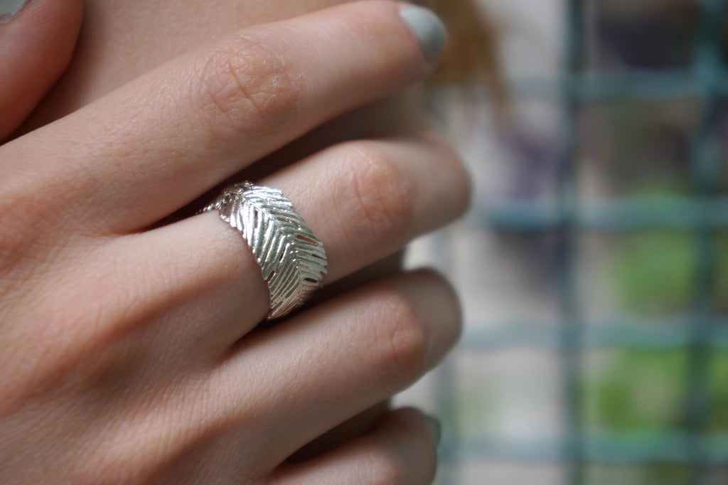 Gold Leaf Ring - Sterling Silver Band With Acacia Leaf Design | Eco Friendly Jewelry