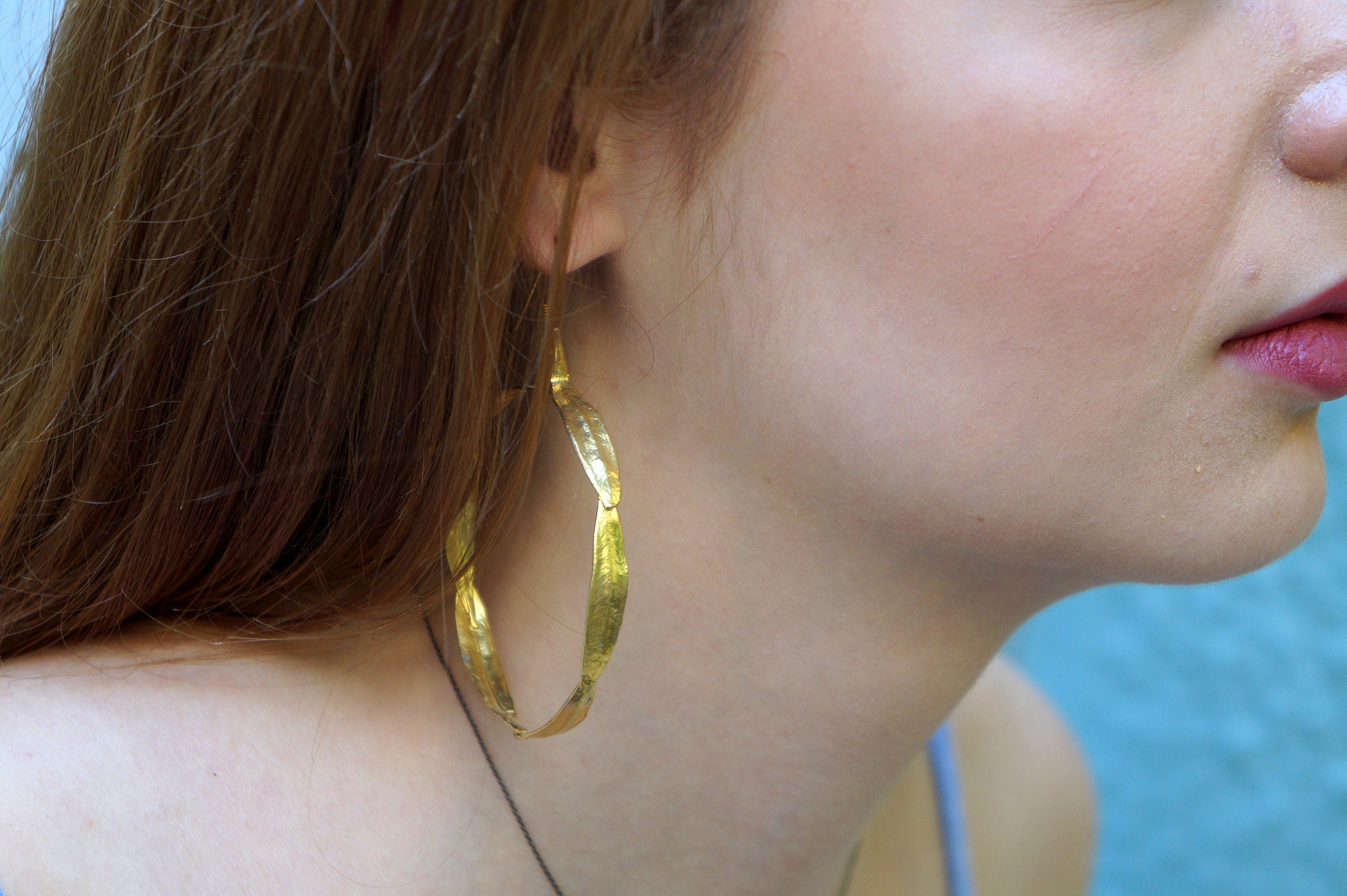 Gold Plated Hoop Earrings – Large Olive Leaf Earrings | Handmade 14k Jewelry