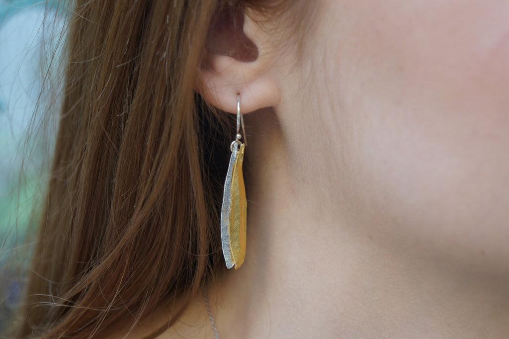 Olive Leaf Earrings - Sterling Silver Dangle With 14k Gold | Nature Inspired Jewelry
